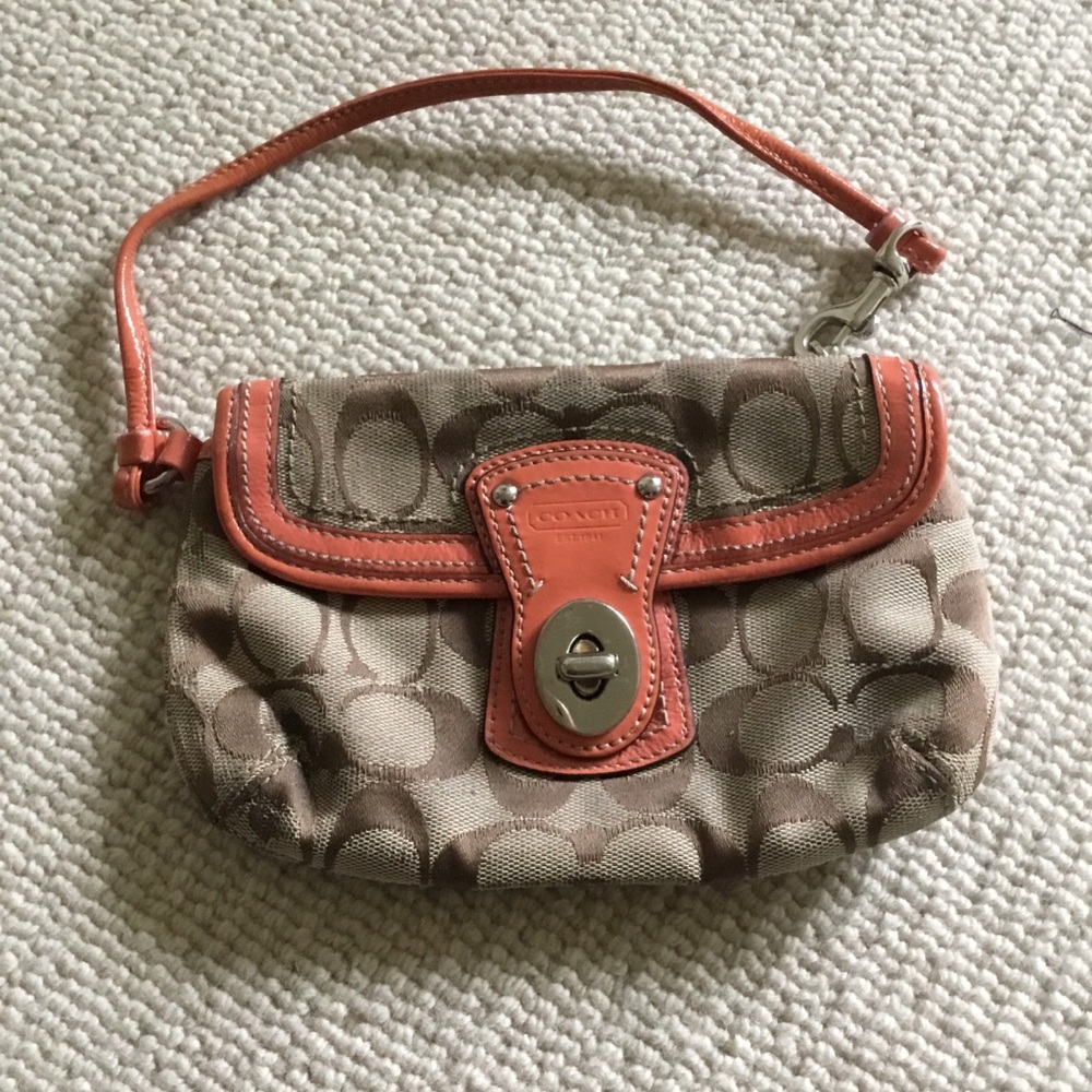 Coach Canvas Wristlet in Brown and Coral